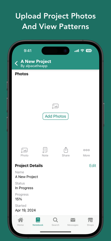 Alpaca: Your Ravelry Companion - Alpaca app screen for uploading project photos and tracking knitting progress