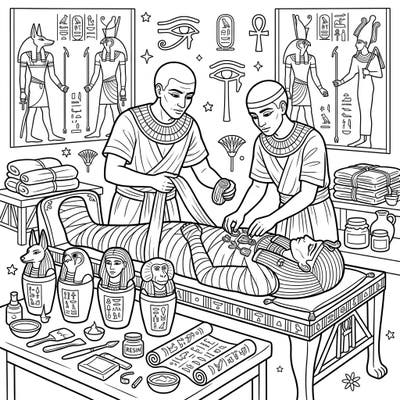 Delve into the fascinating world of ancient Egypt with this detailed coloring page depicting the intricate process of mummification. Witness two embalmers meticulously preparing the deceased for the afterlife, surrounded by iconic Egyptian artifacts.