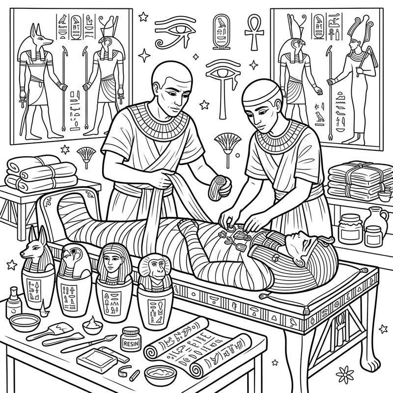 Delve into the fascinating world of ancient Egypt with this detailed coloring page depicting the intricate process of mummification. Witness two embalmers meticulously preparing the deceased for the afterlife, surrounded by iconic Egyptian artifacts.