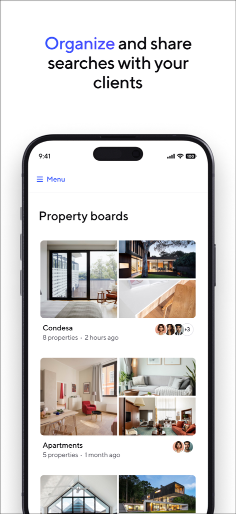The EasyBroker mobile app showing the property boards interface used by real estate agents to organize and share listings with clients.