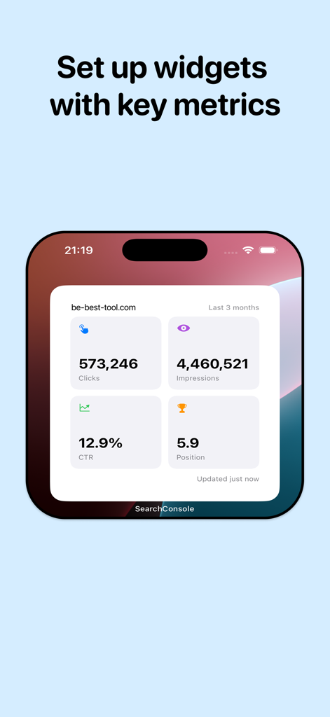 Search Console for Google - Widget d'écran d'accueil iPhone affichant les métriques de performance du site Web, y compris les clics, les impressions, le CTR et la position moyenne.