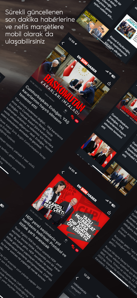 Mobile app interface of Ensonhaber showing Turkish news headlines and political articles.