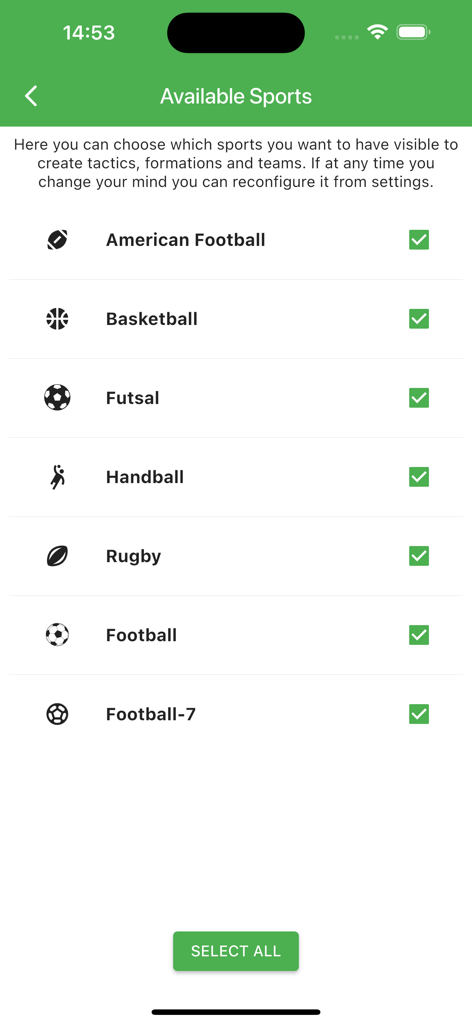 Pro Sport Tactic - Available sports selection screen in Pro Sport Tactic mobile app
