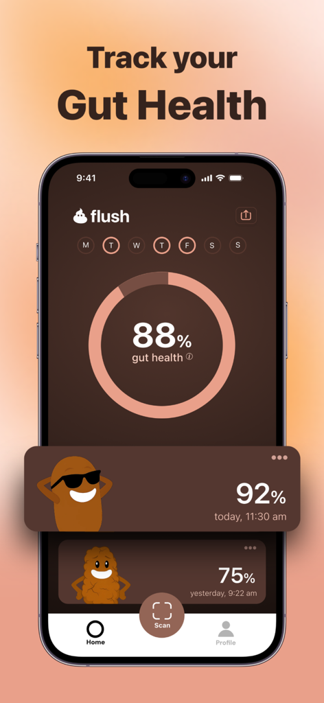 Dashboard do aplicativo Flush mostrando uma pontuação de saúde intestinal e entradas de rastreamento diário históricas