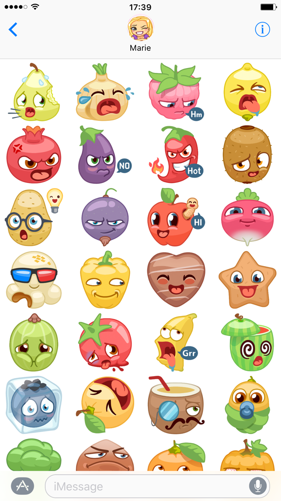 Fruitables VK - A collection of expressive anthropomorphic fruit and vegetable character stickers displayed in an iMessage interface.