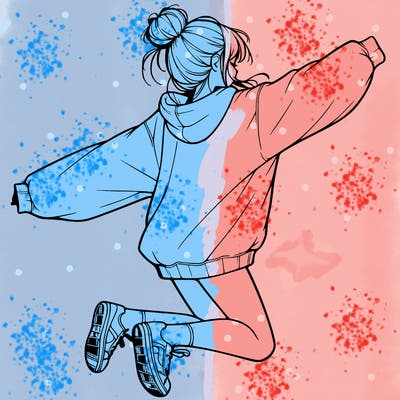 realistic girl jumping with a bun and oversized sweatshirt