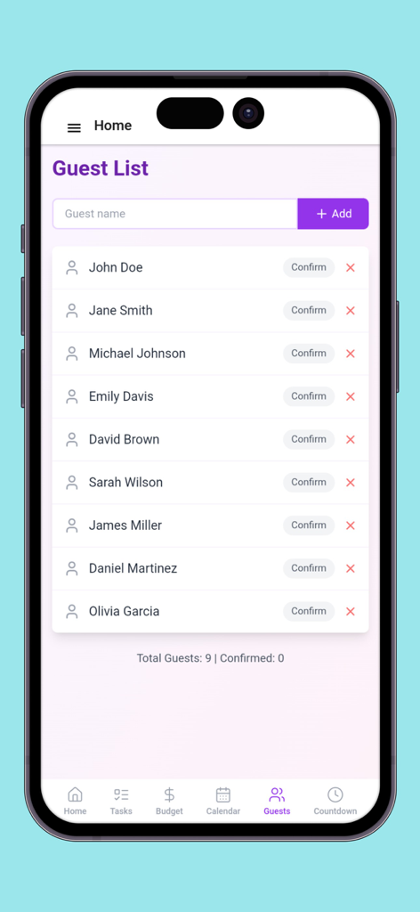 Guest list management interface in the Wedding Planner Tracker app showing a list of names with confirmation status