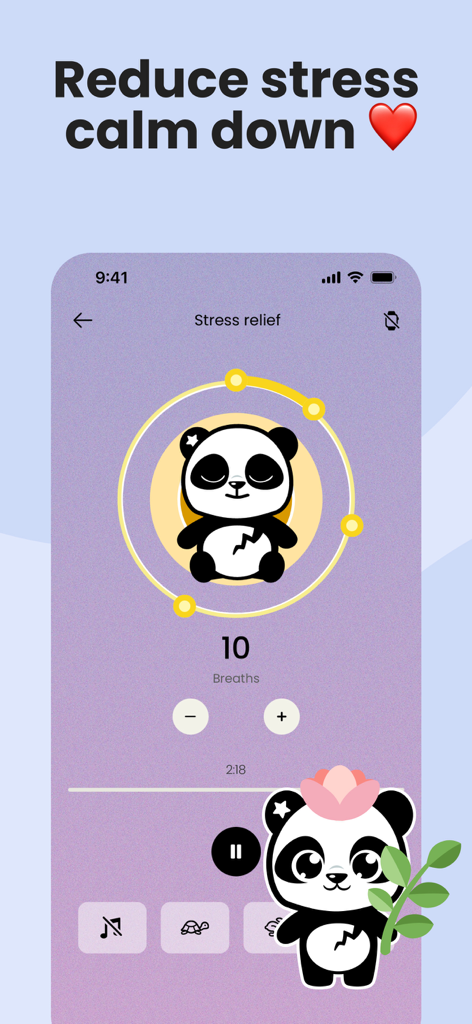Earkick app interface showing a breathing exercise for stress relief with a cute panda mascot