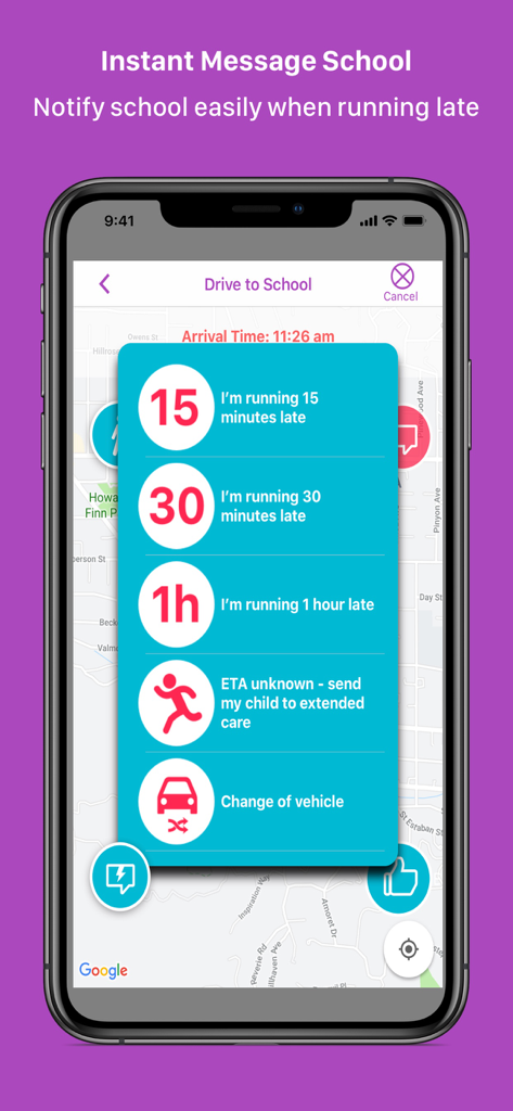 FetchKids For Schools, Parents - Mobile App-Oberfläche von FetchKids mit Optionen für Eltern, die Schule zu benachrichtigen, wenn sie sich bei der Abholung verspäten