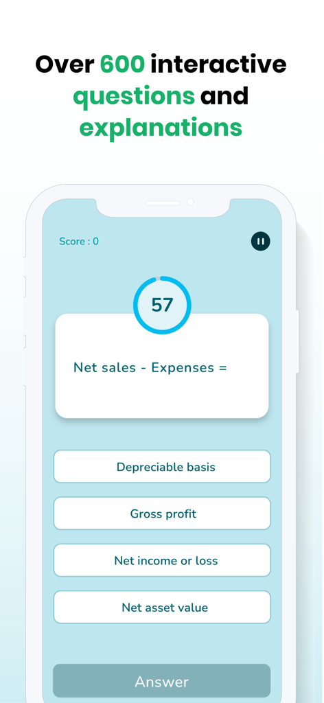 Accounting Quiz Game app interface displaying a multiple choice question on financial formulas with a countdown timer.
