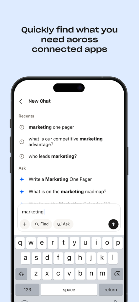 Schermata dell'app mobile Dropbox Dash che mostra la ricerca AI e la chat per le app collegate