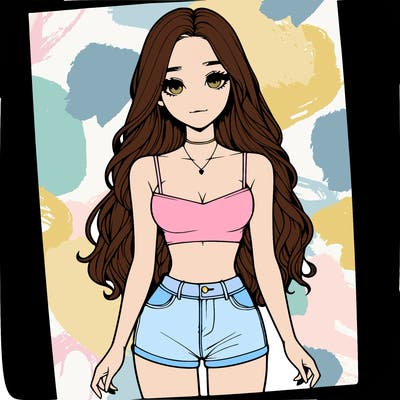 a realistic girl with long hair and in a crop top and shprts