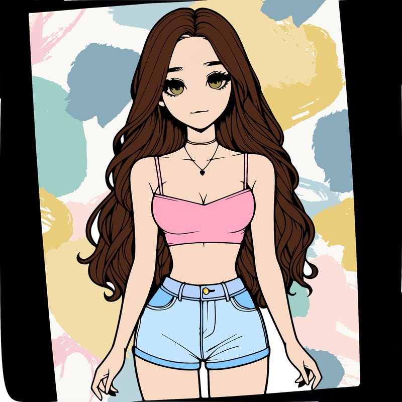 a realistic girl with long hair and in a crop top and shprts