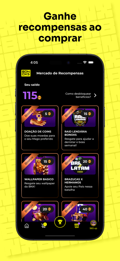Bonoxs - Interfaccia del marketplace delle ricompense dell'app Bonoxs che mostra il saldo dell'utente e le opzioni di premi di gioco