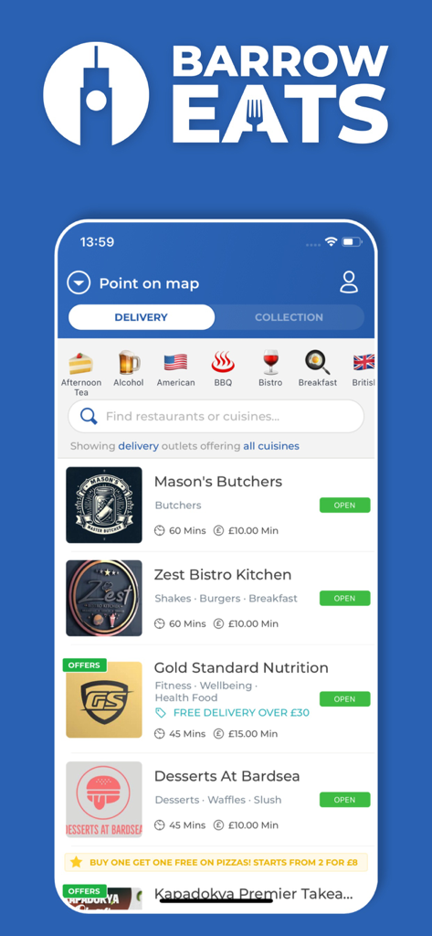 Barrow Eats mobile app home screen showing local restaurant listings and food categories.