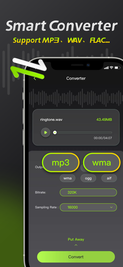 Audio Editor: Video to Audio - Interface of the Audio Editor app showing the smart converter feature to change file formats like MP3 and WAV