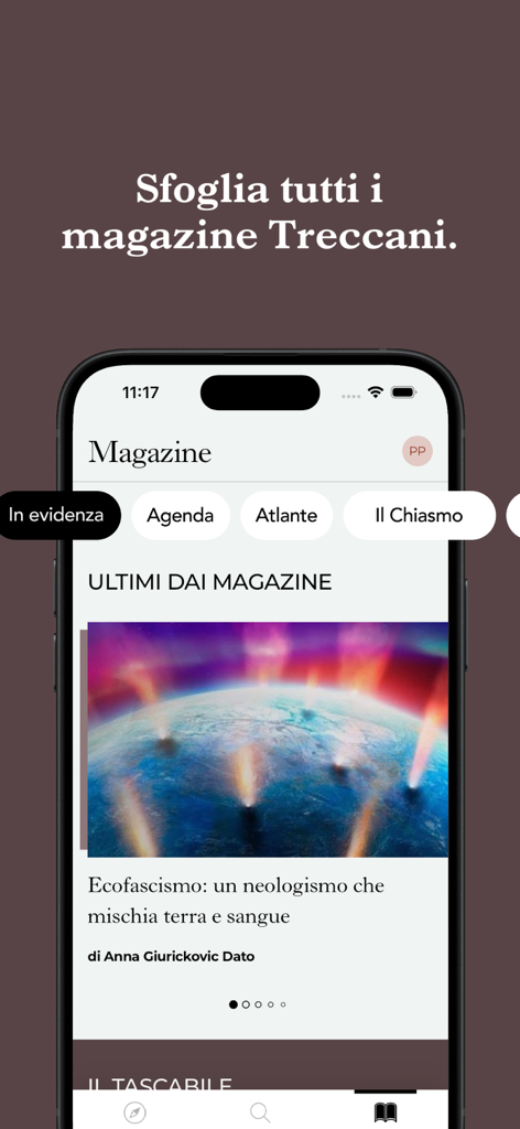 Écran de smartphone montrant la section magazine de l'application Treccani avec des articles culturels et des filtres de catégorie