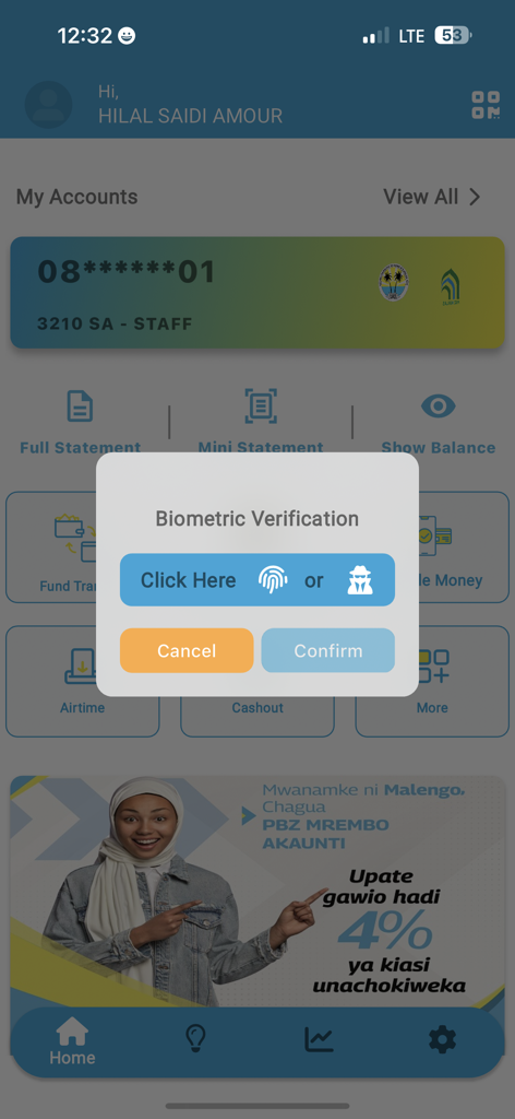 Interfaccia dell'app mobile PBZ Banking che mostra una finestra pop-up di verifica biometrica per un login sicuro