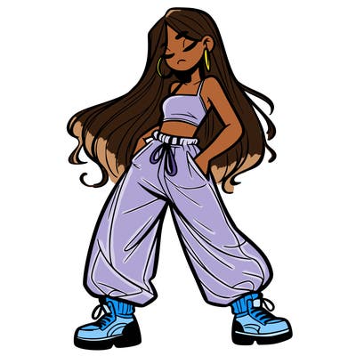 girl in baggy pants crop top and long hair