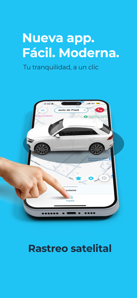 Tracklink Ecuador - Tracklink Ecuador app interface showing a white SUV on a map with real time satellite tracking