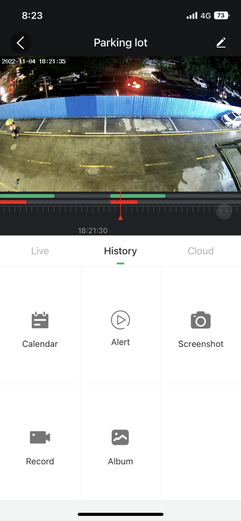 SV3C Cloud - SV3C Cloud app video history interface showing parking lot surveillance footage