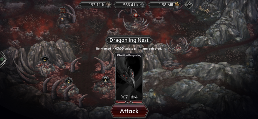 Champions of Avan - Idle RPG - Tela de batalha em Champions of Avan mostrando um jogador prestes a atacar um Dragonling de Obsidiana no Covil do Dragonling