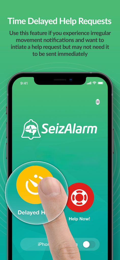 SeizAlarm - Smartphone screen displaying the SeizAlarm app interface with a user pressing the Time Delayed Help button.