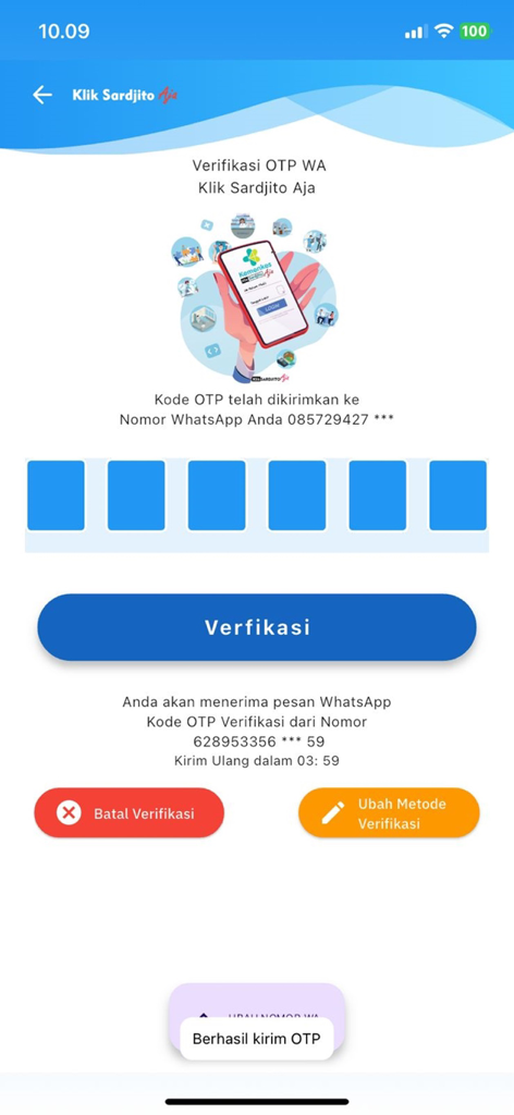 Klik Sardjito Aja app OTP verification screen for WhatsApp authentication.