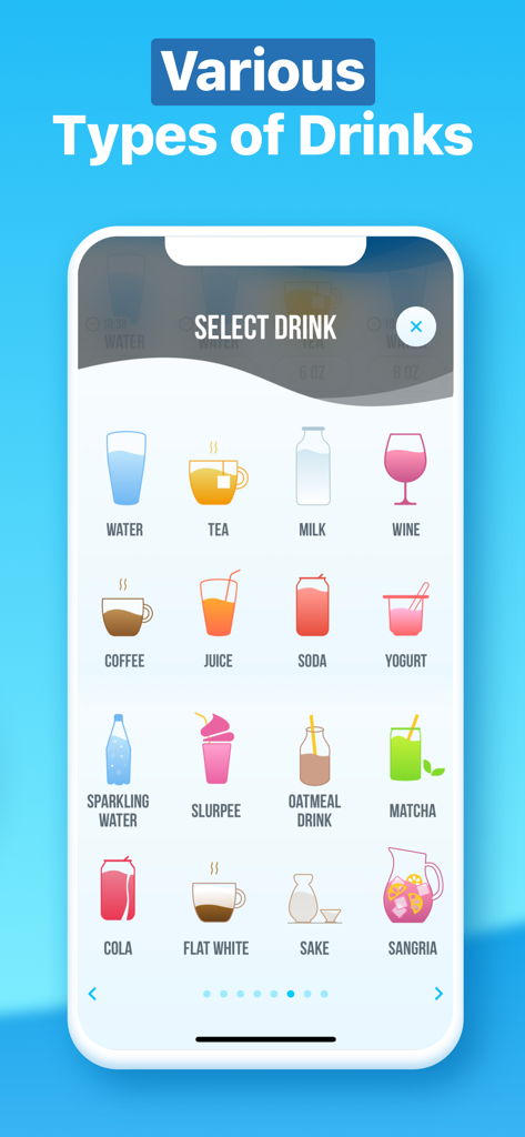 Interface showing icons for selecting various drinks like water tea coffee and juice