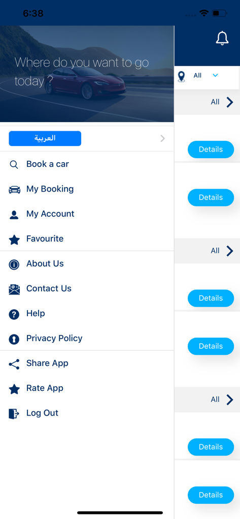 CarRent KW - Menu di navigazione dell'app CarRent KW che mostra le opzioni di prenotazione del noleggio auto e di gestione dell'account.