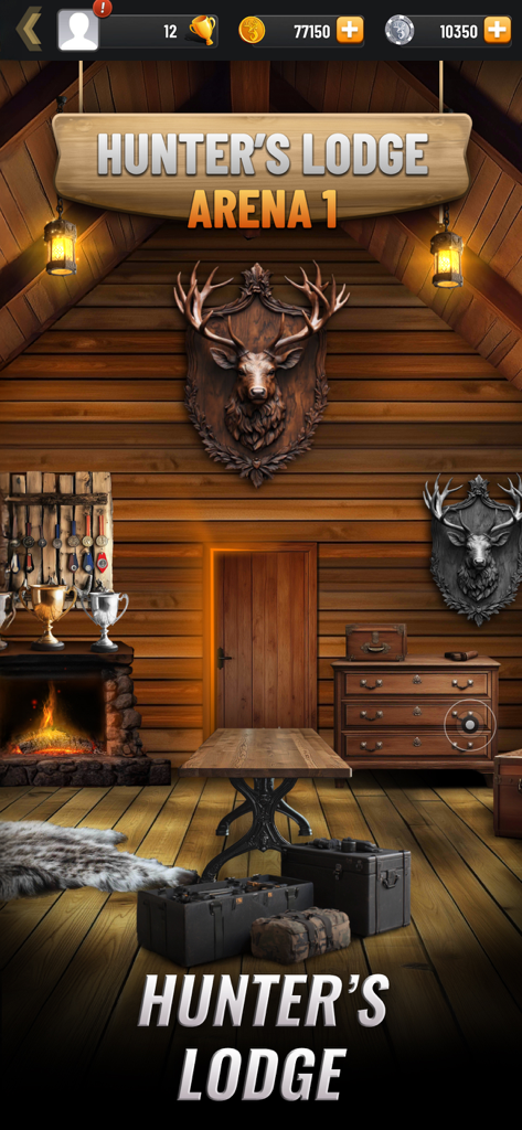 Interior view of the Hunter's Lodge featuring wall-mounted deer trophies and a collection of competitive awards.
