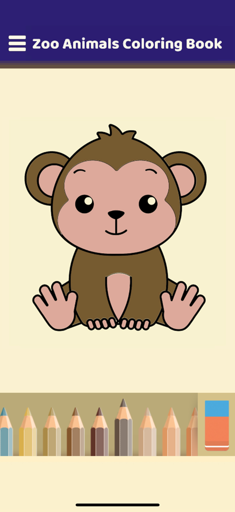 My Zoo Animals Coloring Book - Digital coloring page of a cute cartoon monkey with a selection of colored pencils and an eraser