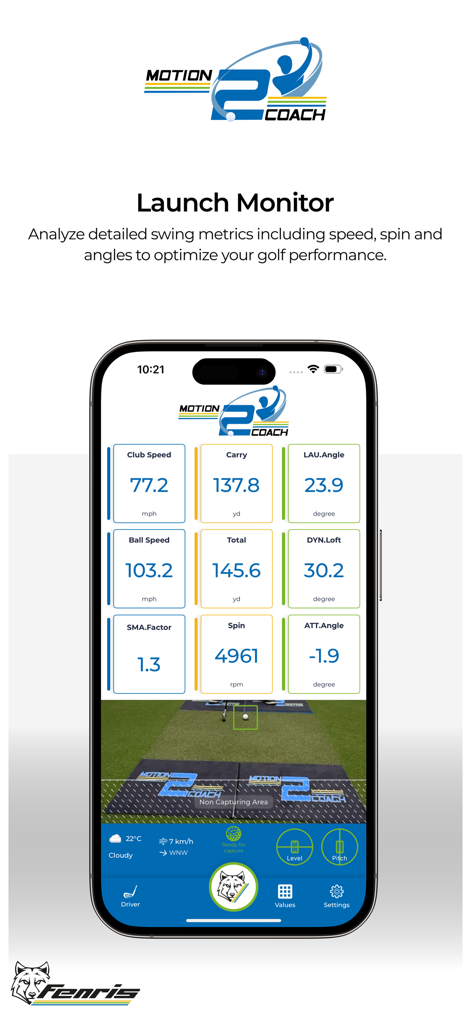 Motion2Coach Golf - Motion2Coach Golf app interface showing detailed swing metrics and launch monitor data