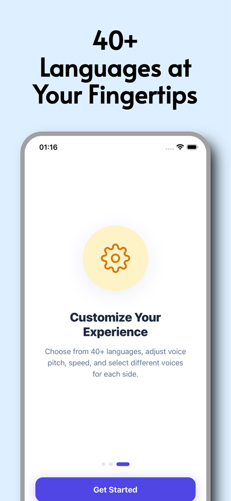 VoiceBridge: Voice Translator - Onboarding screen of VoiceBridge app showcasing customization features for forty plus languages including voice pitch and speed settings