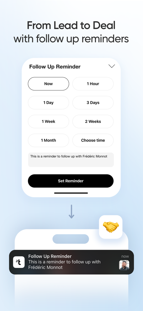 Tapni - Digital Business Card - Interfaz de la aplicación Tapni mostrando cómo configurar recordatorios de seguimiento para nuevas conexiones