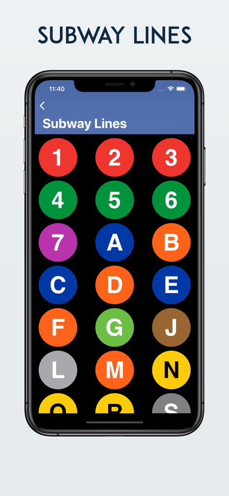 Un écran de smartphone affichant une grille d'icônes colorées pour différentes lignes de métro de New York.