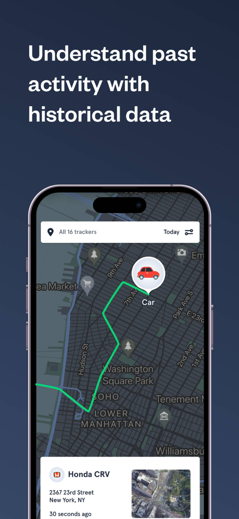 Hapn GPS - Hapn GPS app interface showing vehicle trip history and location on a map