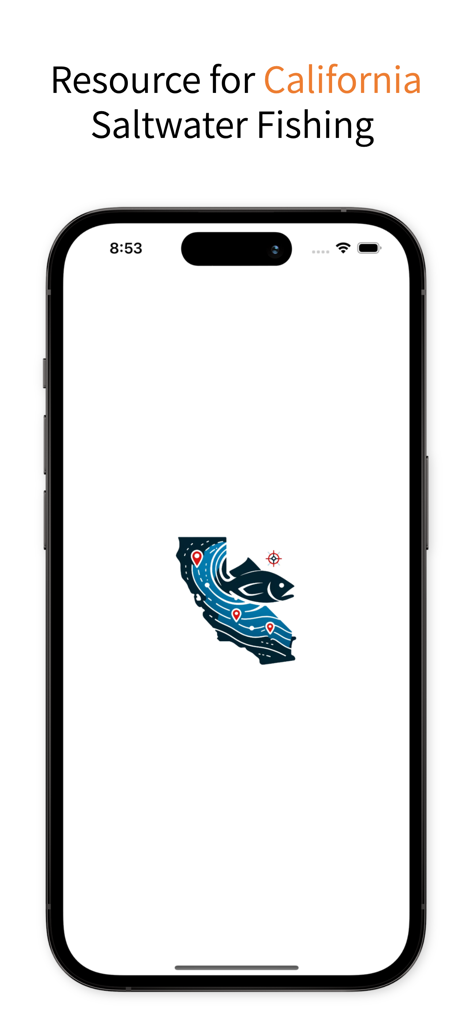 CA FishMap - Introductory screen for the CA FishMap app featuring the California state logo with a fish and waves