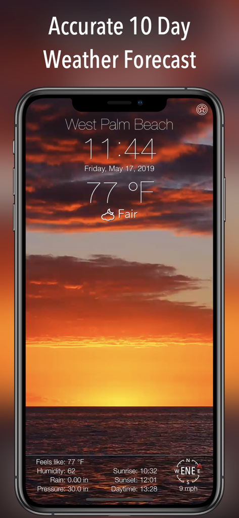Uno smartphone che mostra l'app Previsioni Meteo 14 Giorni con uno sfondo del tramonto sull'oceano e le condizioni attuali per West Palm Beach
