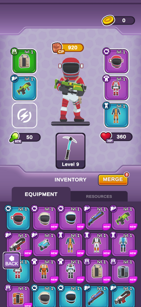 Mars Survivor - Loot & build - Mars Survivor inventory screen showing character gear, stats, and equipment loot