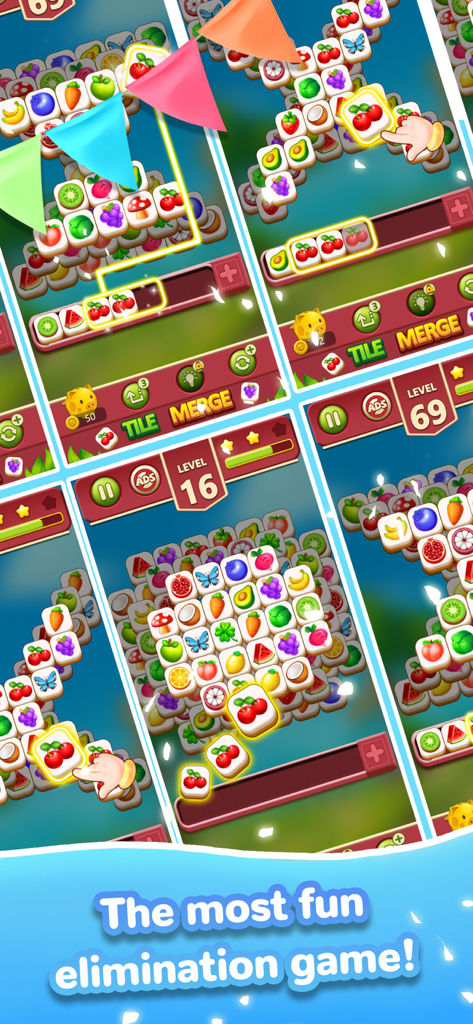 Tile Merge ：Match Puzzle - Gameplay screenshot of Tile Merge Match Puzzle featuring colorful fruit and butterfly tiles on multiple game levels