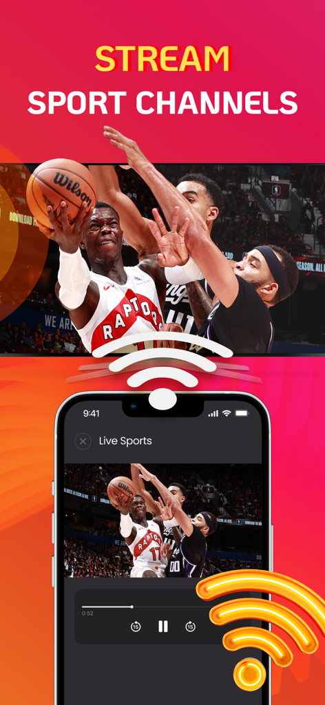 Smart TV Remote App. - Smart TV remote app streaming live sports channels from an iPhone to a television.