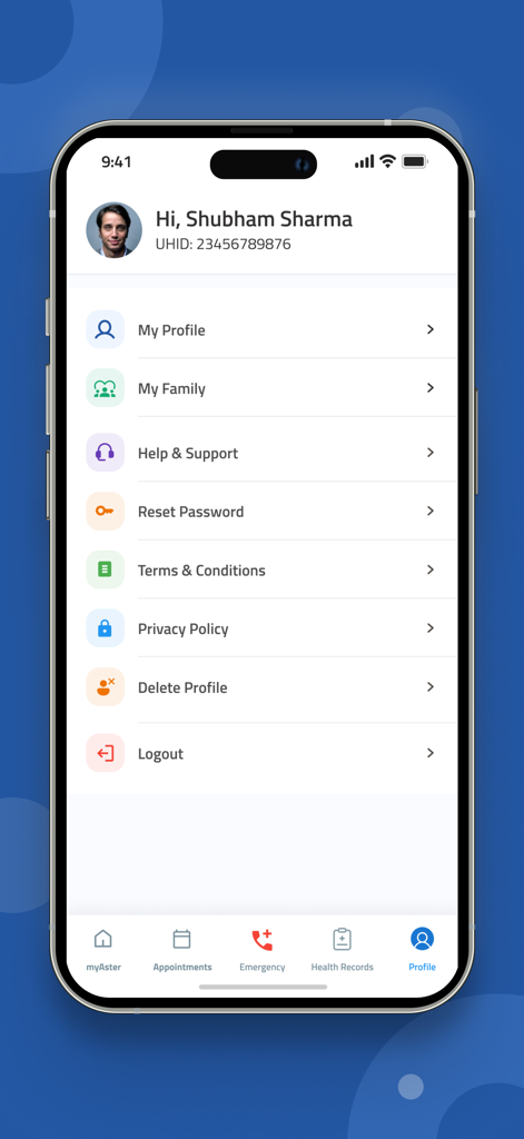 Aster Health - Aster Health app user profile screen showing menu options for family accounts and settings