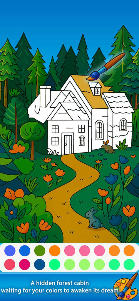 Creative Colors -Color & Relax - A coloring page of a forest cabin in the Creative Colors mobile app