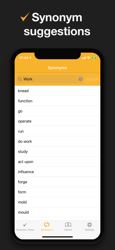 CorrectMe Grammar AI Keyboard - CorrectMe app interface displaying a list of synonyms for the word work