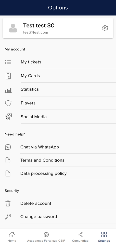 Fortaleza - Settings screen of the Fortaleza CEIF official fan app showing account options and help links