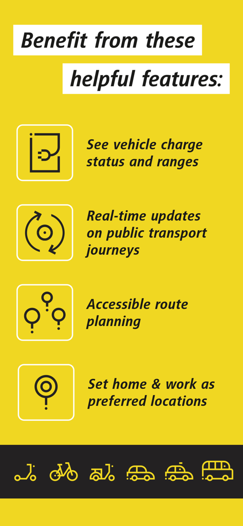 BVG Jelbi: Mobility in Berlin - List of features for the BVG Jelbi mobility app in Berlin including real-time updates and vehicle range
