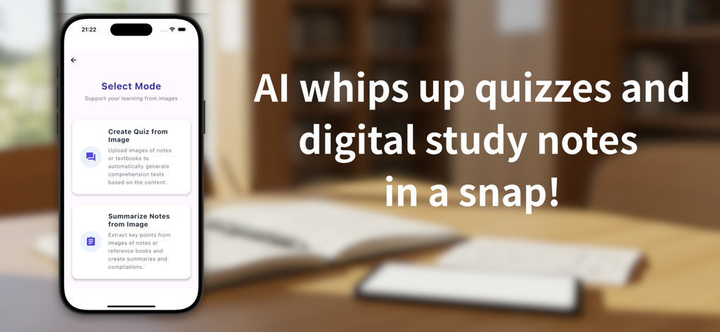 AI Note Scan: AI Quiz & Notes - Interfaz de la aplicación AI Note Scan mostrando opciones para crear cuestionarios y resumir notas a partir de imágenes