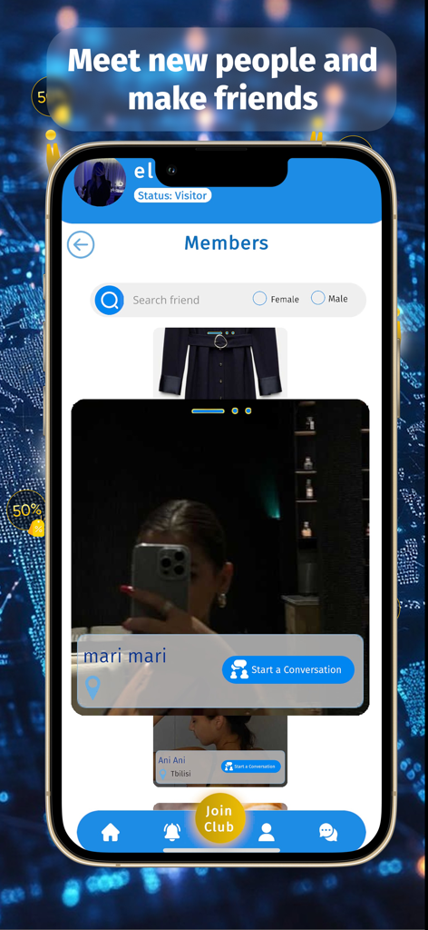 Ecrã da aplicação Club IGlobal para conhecer novas pessoas e procurar amigos com botões de conversação