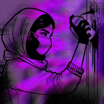 realistic girl with mask spray painting a wall